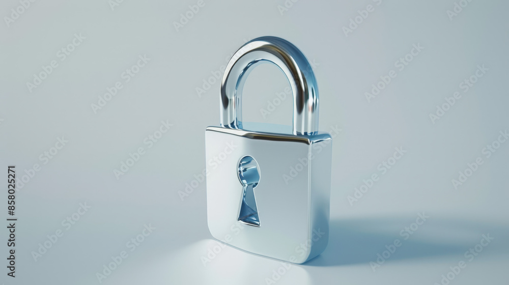 Poster shiny closed padlock standing on a light blue background representing the concept of security