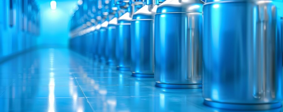 A row of high-tech, shiny blue cryogenic containers in a sterile laboratory environment with a reflective floor.