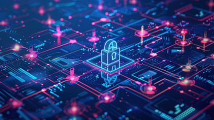 Fototapeta premium Illustration of digital network security with a central lock symbol on a neon-lit circuit board background.