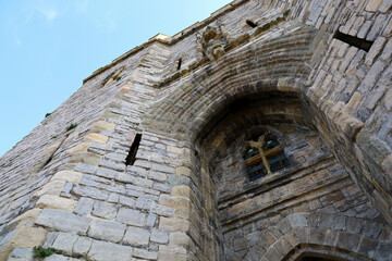 Exterior of an old medieval castle in Wales, UK