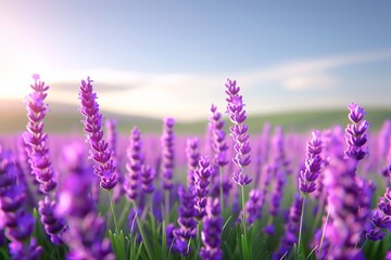 Obraz premium Beautiful lavender field in full bloom with sunlight and clear sky, showcasing vibrant purple flowers and serene nature scenery.