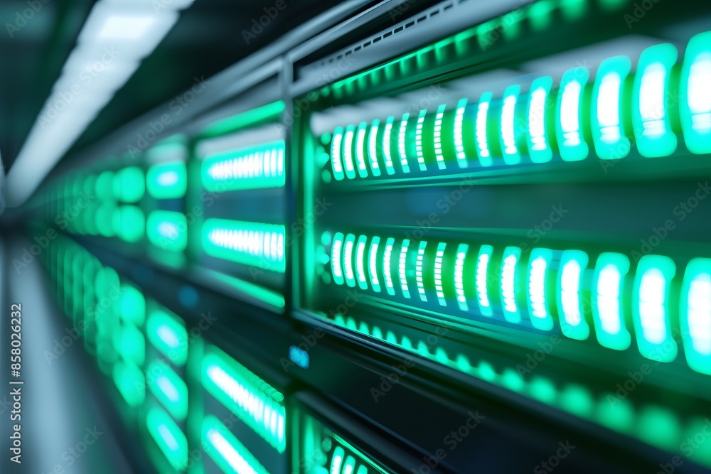 Poster close-up of a data center server rack with glowing green lights, indicating active network equipment
