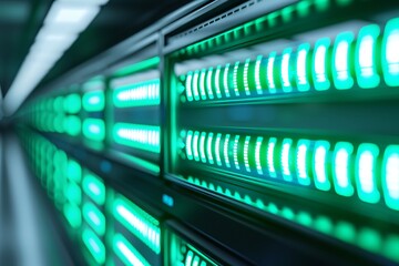 Close-up of a data center server rack with glowing green lights, indicating active network equipment and fast digital communications.