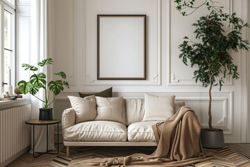 Contemporary living room with an empty frame, a white couch, and indoor plants