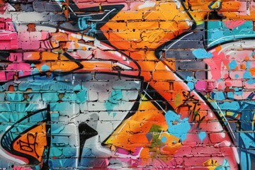 Vibrant graffiti design on a brick wall, adding color to urban streets with abstract patterns and creative spray paint style