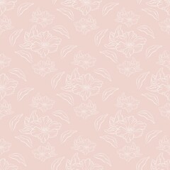 A delicate ornament of white magnolia flowers, on a pink background, meticulously hand-painted in an exquisite line-art style