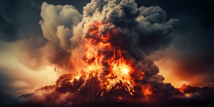 The eruption of a volcano causes the spewing of lava, smoke, and ash in a natural disaster. Concept Natural Disaster, Volcanic Eruption, Lava Flow, Smoke Cloud, Ash Fallout