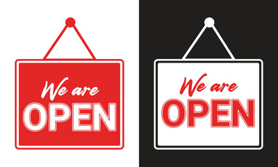 We are open icon. we are open wall hanging banner with black and white color variation.