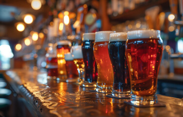 Variety of craft beers on a bar counter in a pub