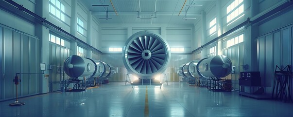 Large industrial facility with multiple aircraft engines and turbine components in a clean, well-lit environment.