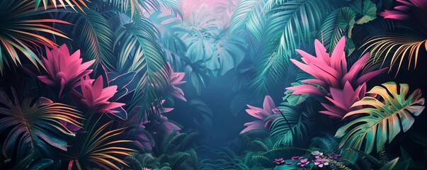 Lush tropical foliage with vibrant pink and green leaves, creating a serene and exotic jungle atmosphere.