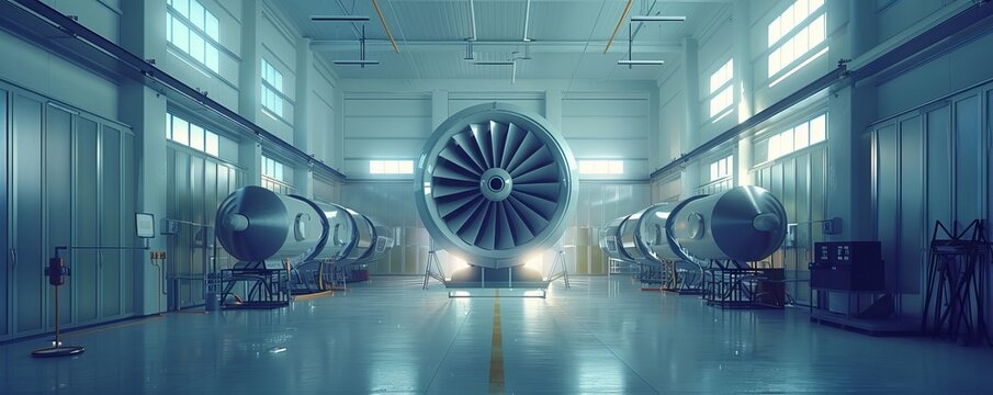 Large industrial facility with multiple aircraft engines and turbine components in a clean, well-lit environment.