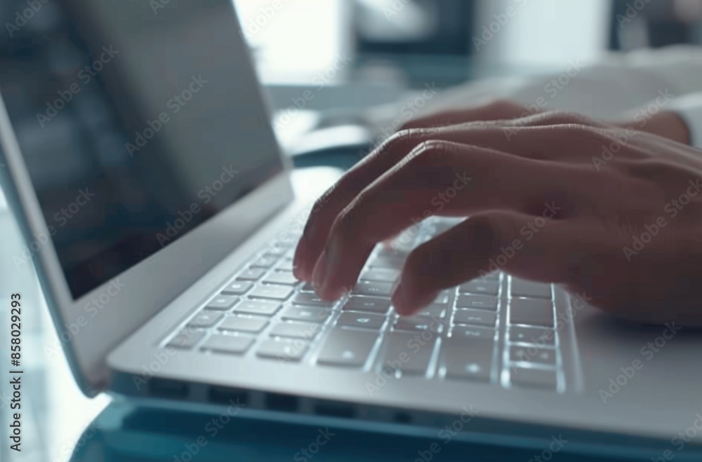 Poster closeup image of hands typing on a laptop keyboard with ambient lighting, illustrating computer work