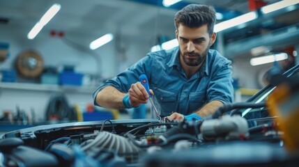 The mechanic fixing engine.