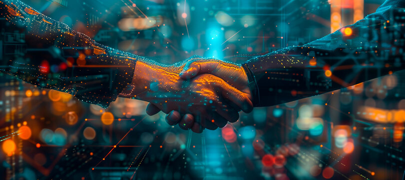 Two business people shaking hands with digital technology in the background, concept of AI and artificial intelligence. blurred blue orange light, futuristic city background