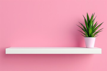 Minimalist white shelf against pink wall with green potted plant, modern home decor perfect for stylish interiors and vibrant designs.
