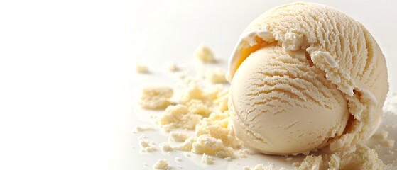 Vessel close-up of vanilla ice cream scoop isolated on white backdrop cutout including blank space to accommodate advertising freely, Generative AI.