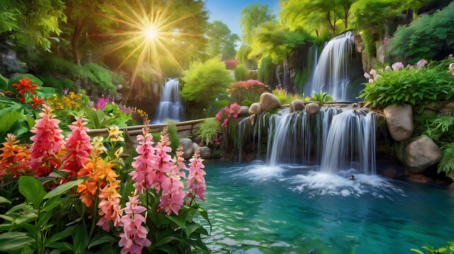 a beautiful paradise land full of flowers rivers and waterfalls a blooming and magical idyllic eden garden