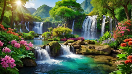 a beautiful paradise land full of flowers rivers and waterfalls a blooming and magical idyllic eden garden