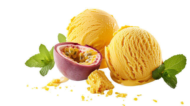Fresh Passionfruit Ice Cream Sherbet on Transparent Background - Delicious Tropical Dessert Concept for Summer Recipes and Refreshing Treats