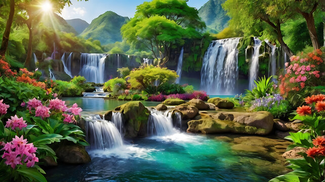 a beautiful paradise land full of flowers rivers and waterfalls a blooming and magical idyllic eden garden