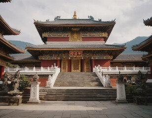 Un monastero tibetano con una scalinata di pietra che conduce al tempio.
