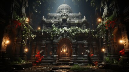 A Temple Decorated with Flowers and Lights