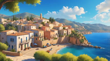 Naklejka premium oil painting of a small town on the mediterranean sea mountains in the background beautiful summer weather