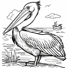 Black and white coloring page of a pelican by the water, designed for kids' activities, showcasing detailed line work and a natural setting.