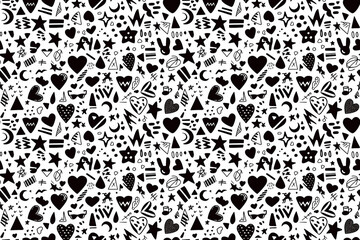 A bold seamless pattern with black doodles of hearts, stars, and other playful shapes on a white background, creating a fun and dynamic tile ornament perfect for modern and quirky designs