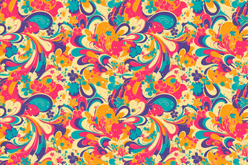 Naklejka premium A cheerful seamless pattern with colorful swirling floral designs, featuring vibrant hues of pink, blue, yellow, and green, creating a fun tile ornament perfect for joyful and lively decor