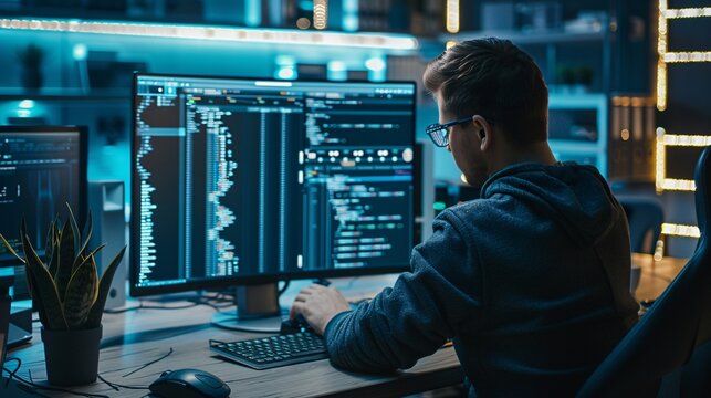 Focused Programmer Working on Code Late at Night
