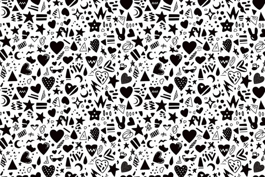 A bold seamless pattern with black doodles of hearts, stars, and other playful shapes on a white background, creating a fun and dynamic tile ornament perfect for modern and quirky designs