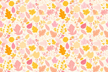 A seamless pattern with pastel autumn leaves in light pinks, yellows, and oranges, creating a soft and gentle seasonal decoration.