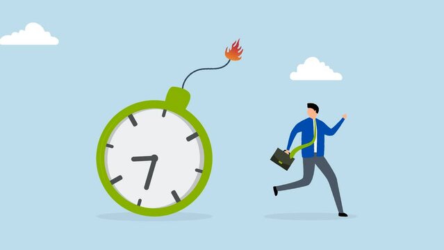 Time management, 4k animation of businessman running away from exploding time bomb.