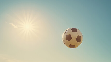 Fototapeta premium Soccer ball in mid air against clear sky with bright sun. Capturing moment of action and freedom in outdoor setting