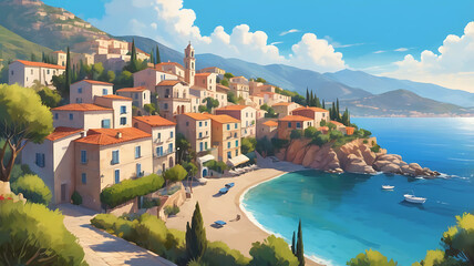 Naklejka premium oil painting of a small town on the mediterranean sea mountains in the background beautiful summer weather
