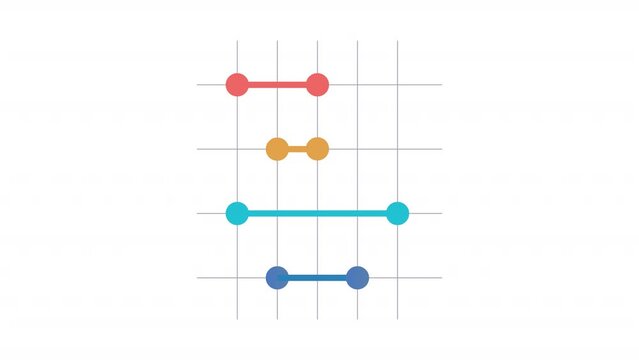 Animated dumbbell plot. Horizontal bar graphs animation. Moving dots, connecting. Data processing. Colorful illustration on white background. HD video with alpha channel. Motion graphic