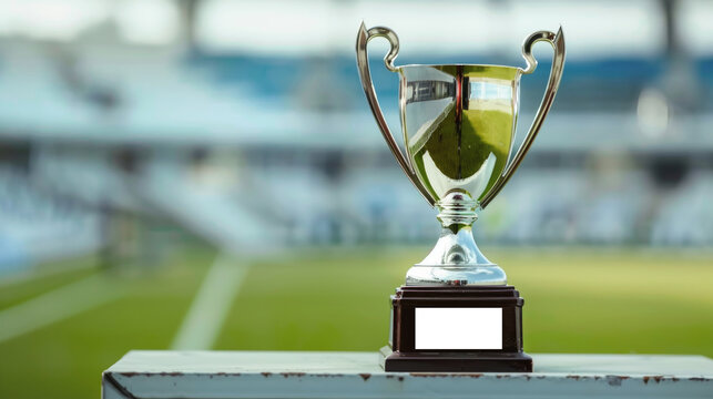 Silver trophy cup with blank nameplate on stand in soccer stadium for mockup. Emphasizing achievement and potential customization