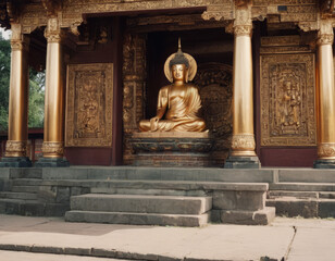 Un monastero tibetano con un arco decorato di teschi e simboli sacri.
