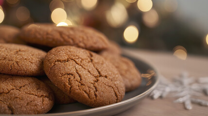 Fototapeta premium Plate of ginger cookies on wooden table with blurred festive lights in background. Cookies have a cracked surface, highlighting their texture and holiday spirit