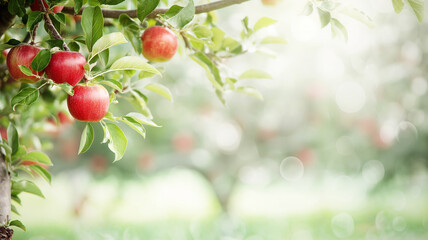 Obraz premium Red apples hanging from tree branch in orchard. Soft sunlight and blurred background create serene and fresh atmosphere