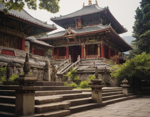 Fototapeta premium Un monastero tibetano con una fila di statue di Buddha allineate. 