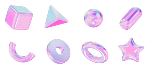 3d set holographic geometric shape: square, sphere, pyramid, torus, star, icosphere, disk, capsule. Metal simple figures for your design on isolated background. Stock vector illustration on isolated b