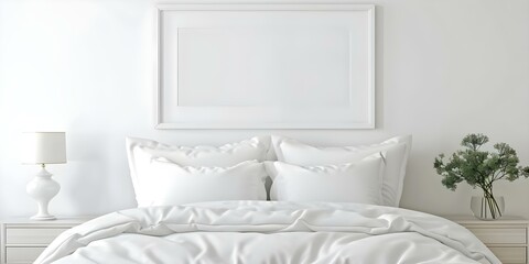 Large white picture frame displayed prominently in a whitetoned bedroom. Concept Home Decor, Interior Design, White Color Scheme, Minimalist Style, Wall Art Display