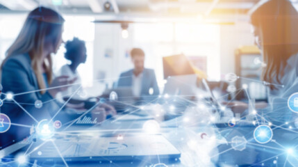 Blurred business background with diverse professionals collaborating, overlaid with digital network graphics. Concept of teamwork, and connectivity, ideal for business and tech industry visuals