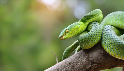 Fototapeta premium Poisonous green snake on the tree