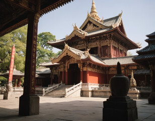 Un monastero buddista con un antico tamburo rituale.
