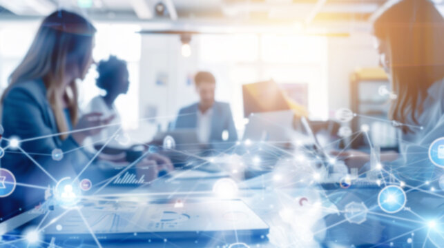 Blurred business background with diverse professionals collaborating, overlaid with digital network graphics. Concept of teamwork, and connectivity, ideal for business and tech industry visuals