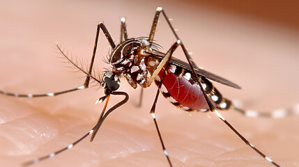 Closeup photo of a tiger mosquito with its thin legs and long wings visible while resting on skin.